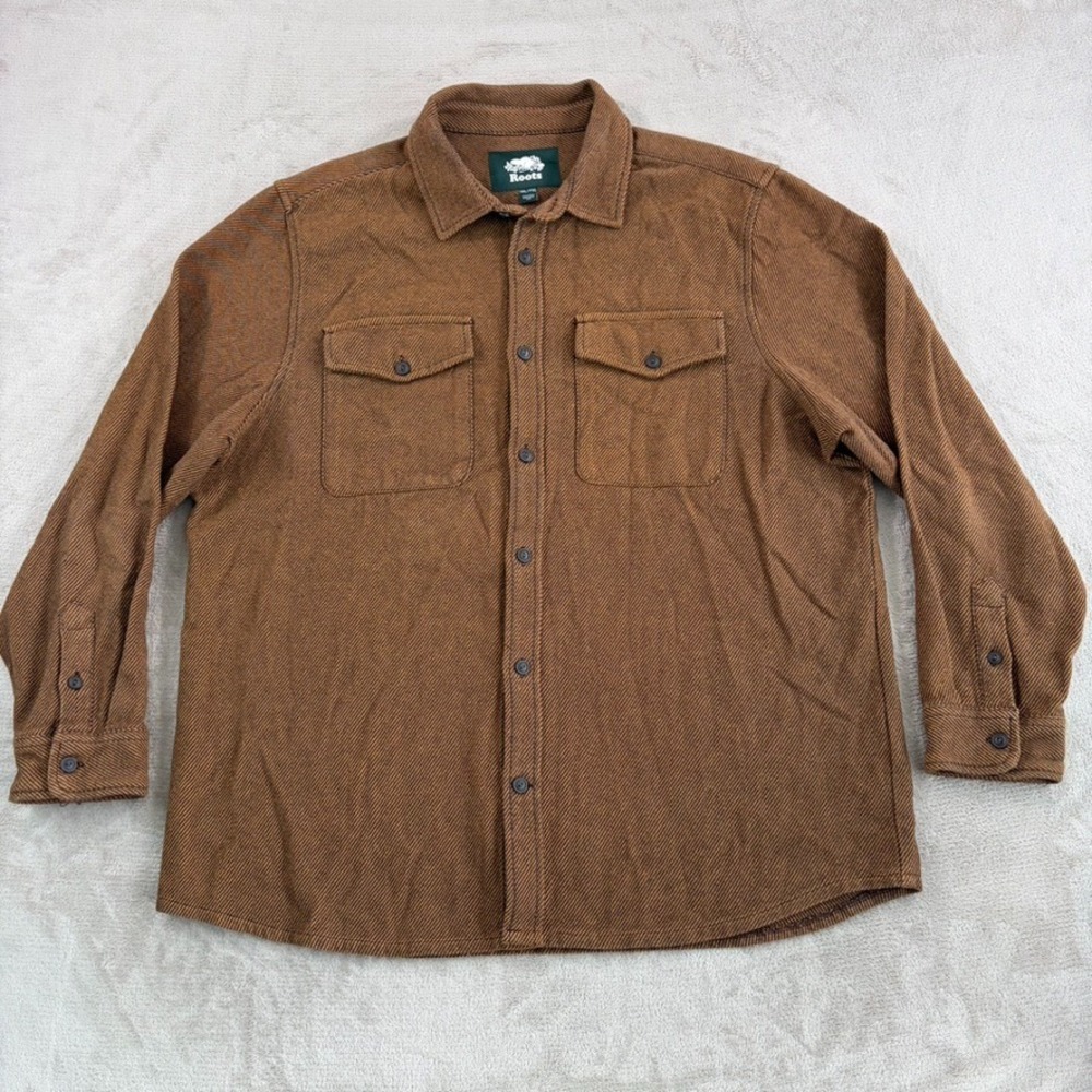 Roots Cypress Twill Relaxed Work Shirt in Brown Striped Men XXL Organic Cotton
